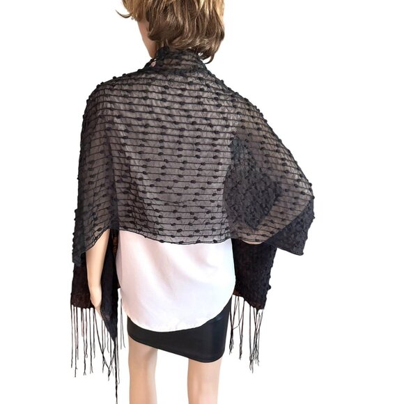 Elegant Black Sheer Mesh Shawl Mini Poms Textured Fringe Night Out Goth Boho - Picture 6 of 10